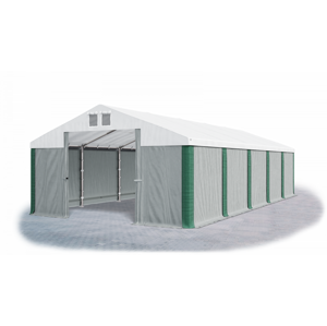 Skladový stan 5x10x2,5m střecha PVC 560g/m2 boky PVC 500g/m2 konstrukce ZIMA PLUS Šedá Bílá Zelená