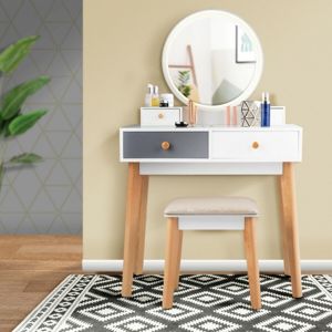 Toaletní stolek s taburetem bílá / dřevo