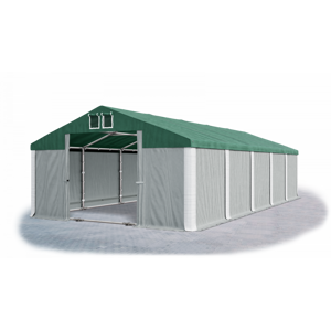 Skladový stan 5x10x2,5m střecha PVC 560g/m2 boky PVC 500g/m2 konstrukce ZIMA PLUS Šedá Zelená Bílá